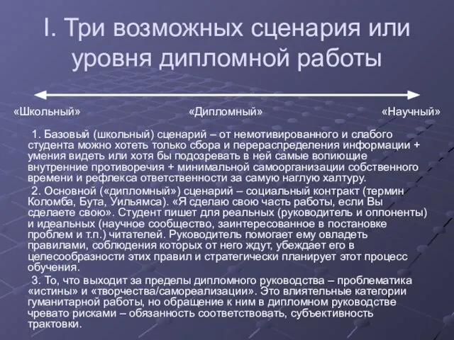 I. Три возможных сценария или уровня дипломной работы 1. Базовый (школьный)