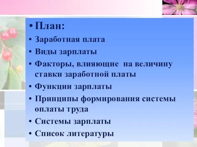 План: Заработная плата Виды зарплаты Факторы, влияющие на величину ставки заработной