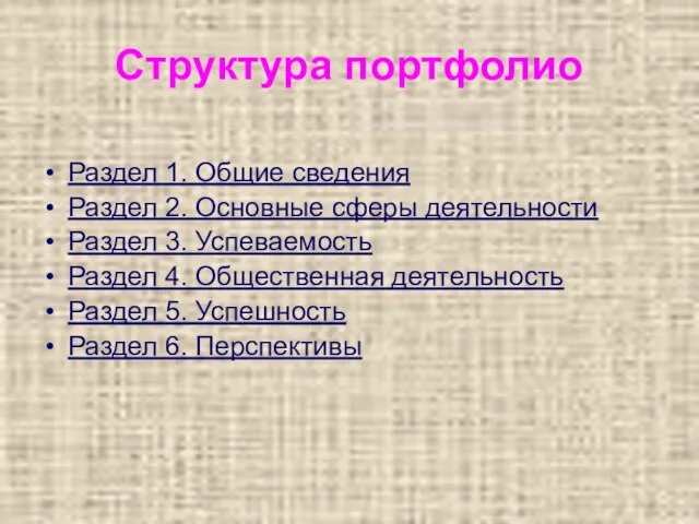 Структура портфолио Раздел 1. Общие сведения Раздел 2. Основные сферы деятельности