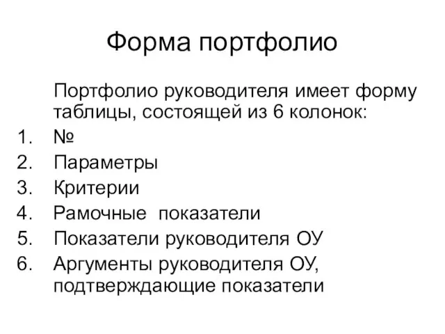 Форма портфолио Портфолио руководителя имеет форму таблицы, состоящей из 6 колонок: