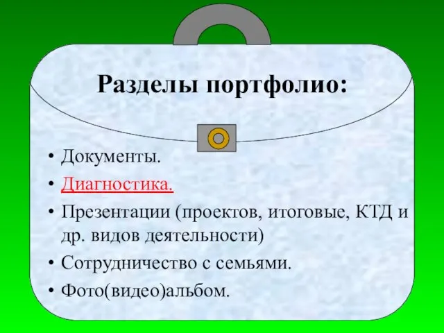 Разделы портфолио: Документы. Диагностика. Презентации (проектов, итоговые, КТД и др. видов деятельности) Сотрудничество с семьями. Фото(видео)альбом.