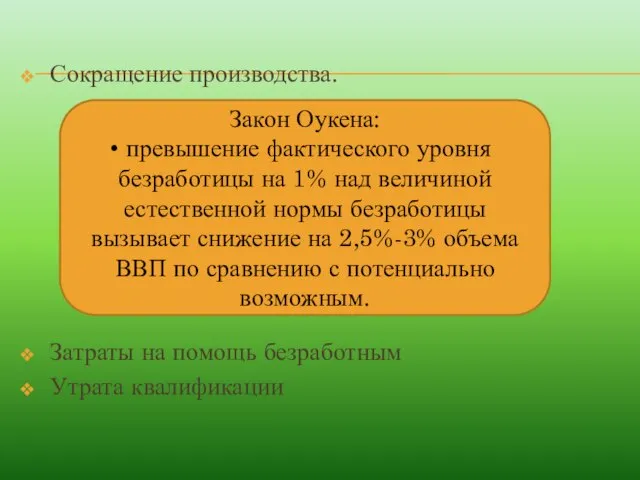 Сокращение производства. Затраты на помощь безработным Утрата квалификации Закон Оукена: превышение