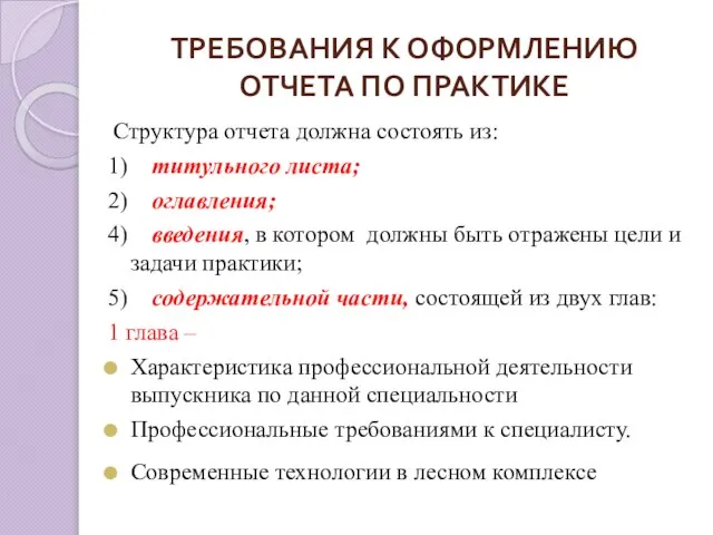 ТРЕБОВАНИЯ К ОФОРМЛЕНИЮ ОТЧЕТА ПО ПРАКТИКЕ Структура отчета должна состоять из: