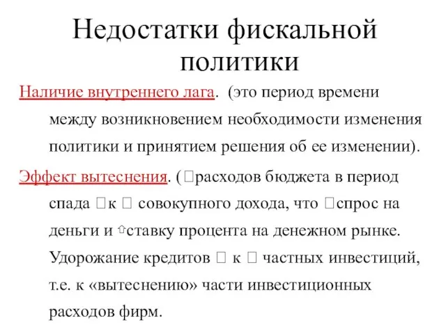 Недостатки фискальной политики Наличие внутреннего лага. (это период времени между возникновением