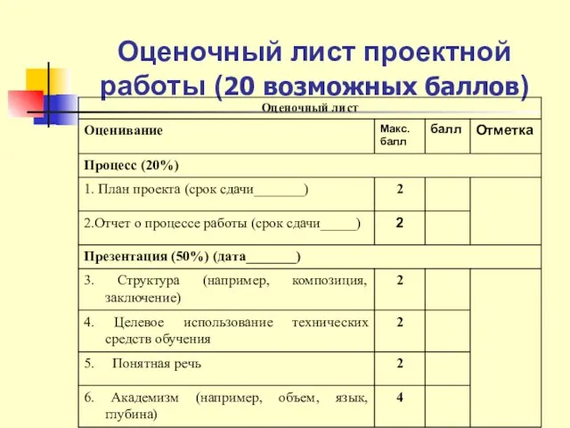 Оценочный лист проектной работы (20 возможных баллов)