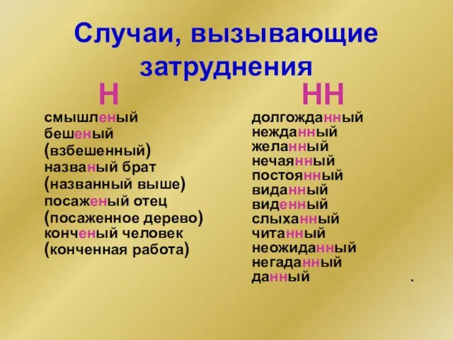 Случаи, вызывающие затруднения Н смышленый бешеный (взбешенный) названый брат (названный выше)