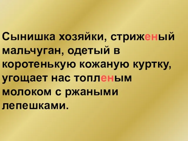 Сынишка хозяйки, стриженый мальчуган, одетый в коротенькую кожаную куртку, угощает нас топленым молоком с ржаными лепешками.