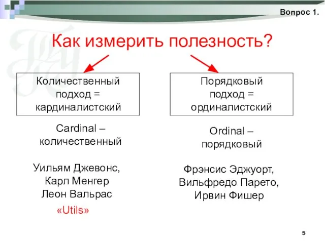 Как измерить полезность? Вопрос 1. Количественный подход = кардиналистский Порядковый подход