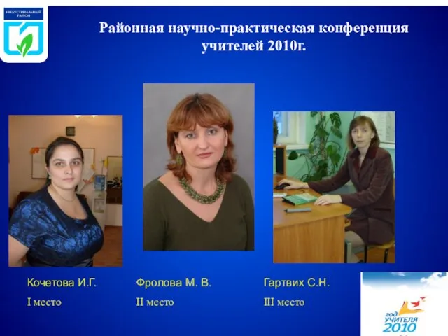 Районная научно-практическая конференция учителей 2010г. Фролова М. В. II место Кочетова