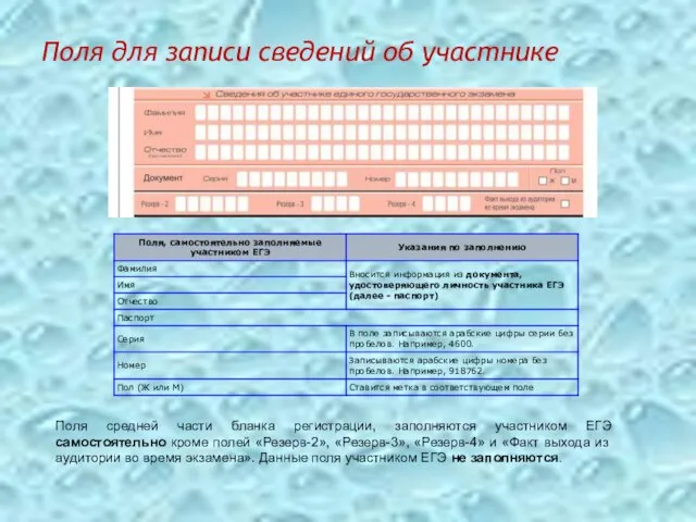 Поля для записи сведений об участнике Поля средней части бланка регистрации,