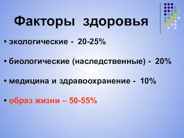 Факторы здоровья экологические - 20-25% биологические (наследственные) - 20% медицина и