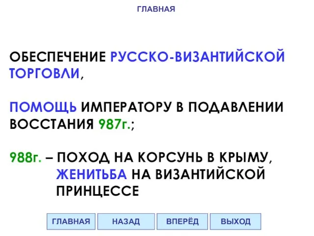 ОБЕСПЕЧЕНИЕ РУССКО-ВИЗАНТИЙСКОЙ ТОРГОВЛИ, ПОМОЩЬ ИМПЕРАТОРУ В ПОДАВЛЕНИИ ВОССТАНИЯ 987г.; 988г. –