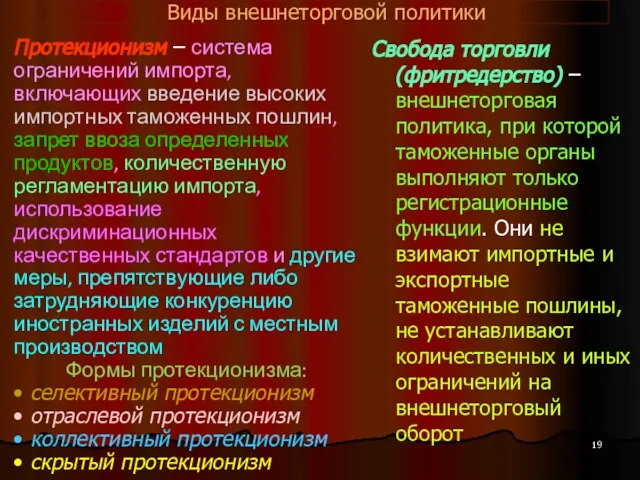 Виды внешнеторговой политики Протекционизм – система ограничений импорта, включающих введение высоких