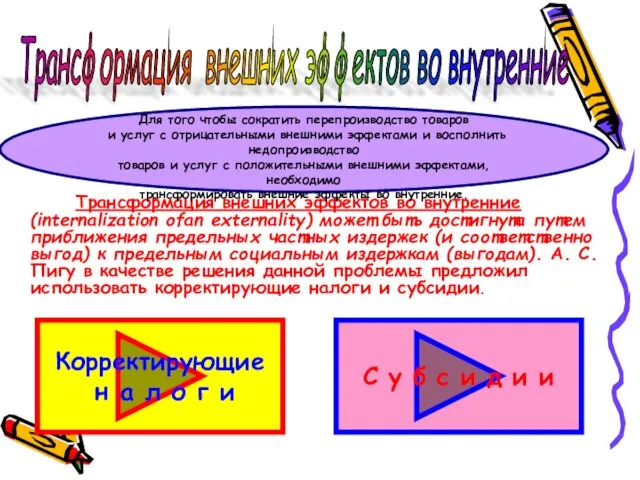 Трансформация внешних эффектов во внутренние (internalization ofan externality) может быть достигнута