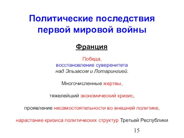 Политические последствия первой мировой войны Франция Победа, восстановление суверенитета над Эльзасом