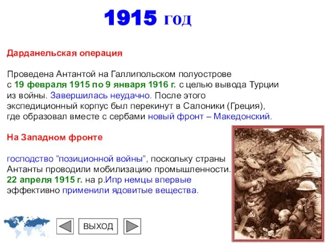 1915 год Дарданельская операция Проведена Антантой на Галлипольском полуострове с 19