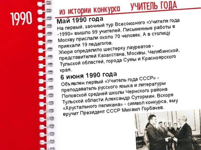 Май 1990 года На первый, заочный тур Всесоюзного «Учителя года -1990»