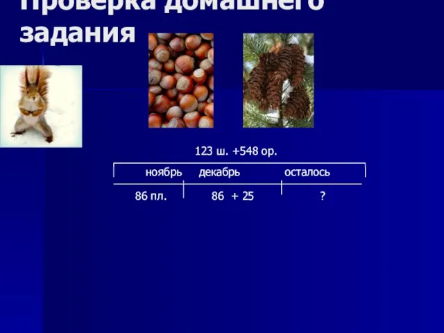 Проверка домашнего задания 123 ш. +548 ор. 86 пл. 86 + 25 ? ноябрь декабрь осталось