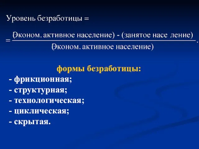 формы безработицы: - фрикционная; - структурная; - технологическая; - циклическая; - скрытая.