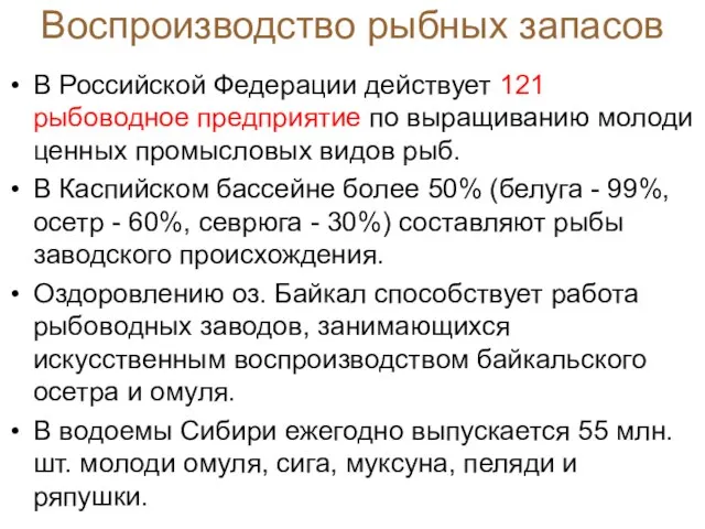 Воспроизводство рыбных запасов В Российской Федерации действует 121 рыбоводное предприятие по