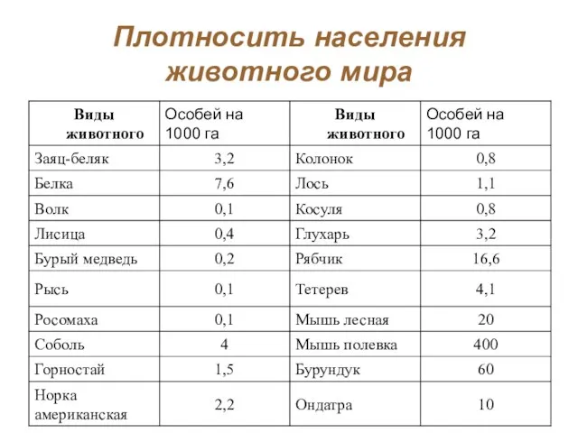 Плотносить населения животного мира