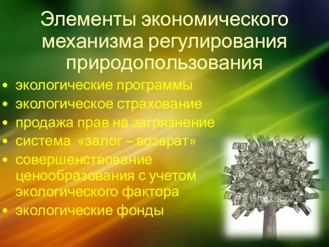 Элементы экономического механизма регулирования природопользования экологические программы экологическое страхование продажа прав