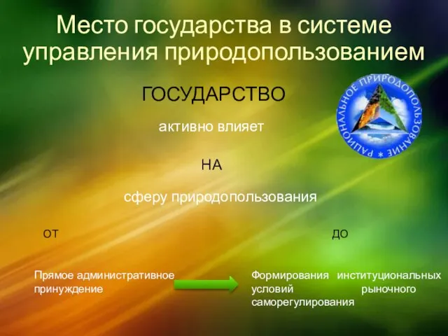 Место государства в системе управления природопользованием ГОСУДАРСТВО активно влияет НА сферу