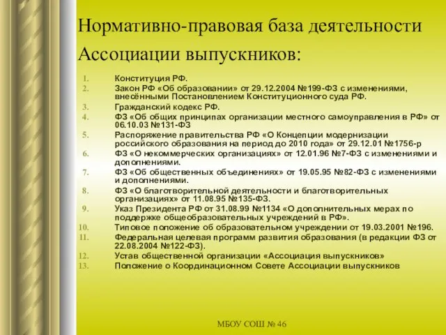 МБОУ СОШ № 46 Нормативно-правовая база деятельности Ассоциации выпускников: Конституция РФ.