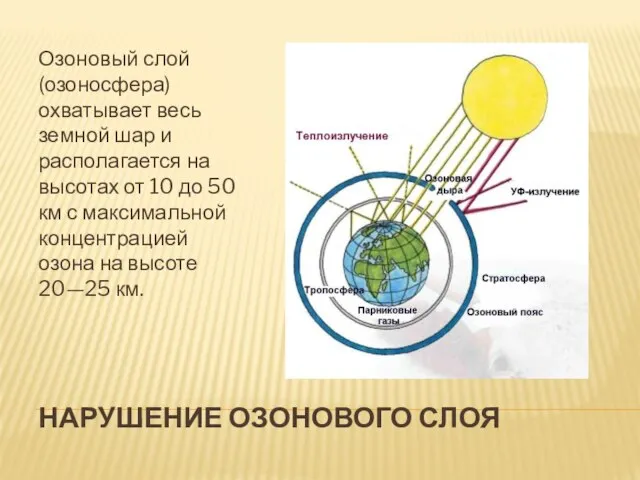 нарушение озонового слоя Озоновый слой (озоносфера) охватывает весь земной шар и