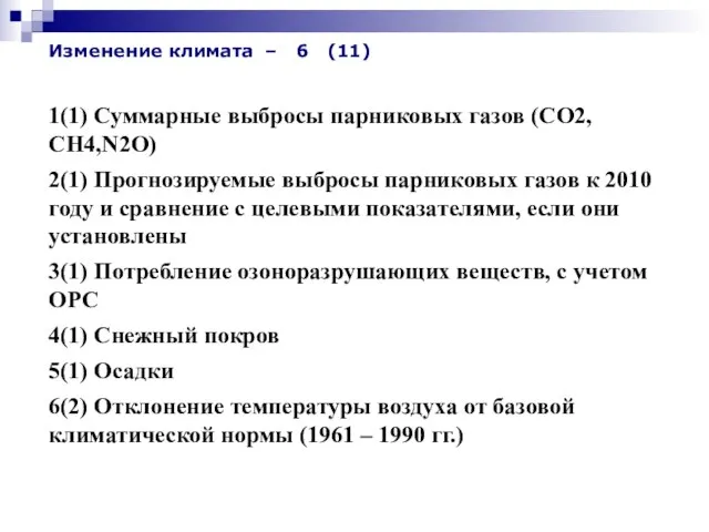 Изменение климата – 6 (11) 1(1) Суммарные выбросы парниковых газов (СО2,СН4,N2O)