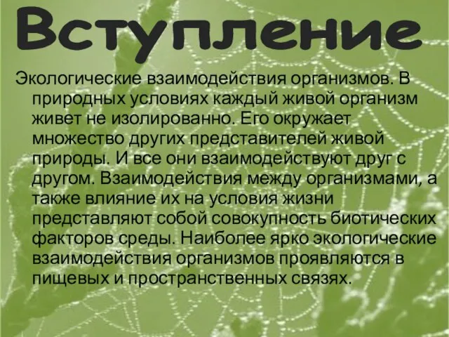 Вступление Экологические взаимодействия организмов. В природных условиях каждый живой организм живет