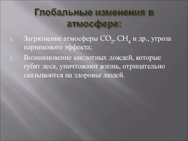 Загрязнение атмосферы CO2, CH4 и др., угроза парникового эффекта; Возникновение кислотных