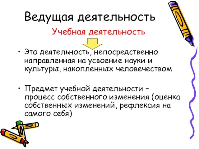 Ведущая деятельность Учебная деятельность Это деятельность, непосредственно направленная на усвоение науки