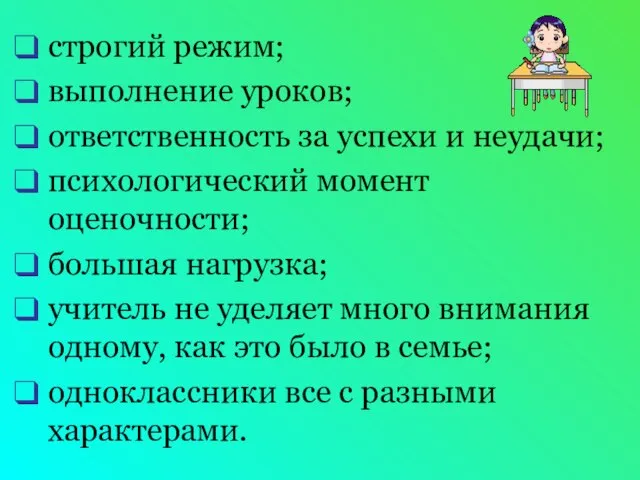 строгий режим; выполнение уроков; ответственность за успехи и неудачи; психологический момент