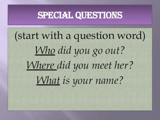 SPECIAL QUESTIONS (start with a question word) Who did you go