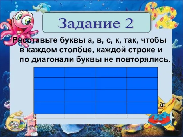 Расставьте буквы а, в, с, к, так, чтобы в каждом столбце,