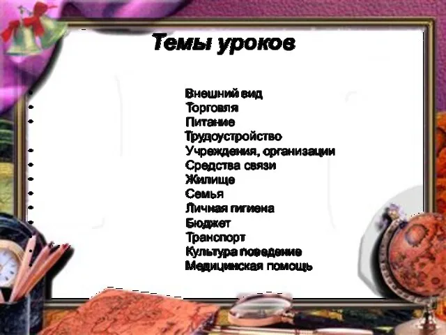 Темы уроков Внешний вид Торговля Питание Трудоустройство Учреждения, организации Средства связи