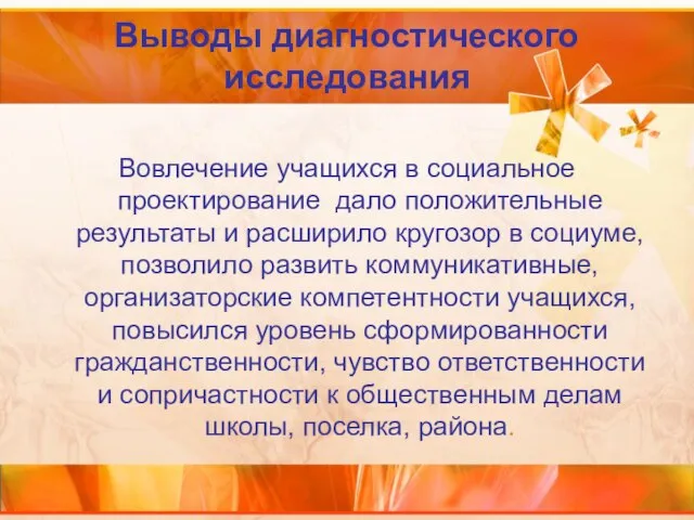 Выводы диагностического исследования Вовлечение учащихся в социальное проектирование дало положительные результаты