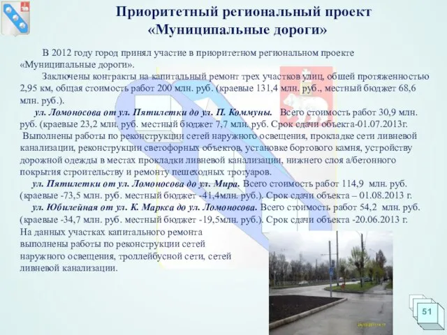 Приоритетный региональный проект «Муниципальные дороги» В 2012 году город принял участие