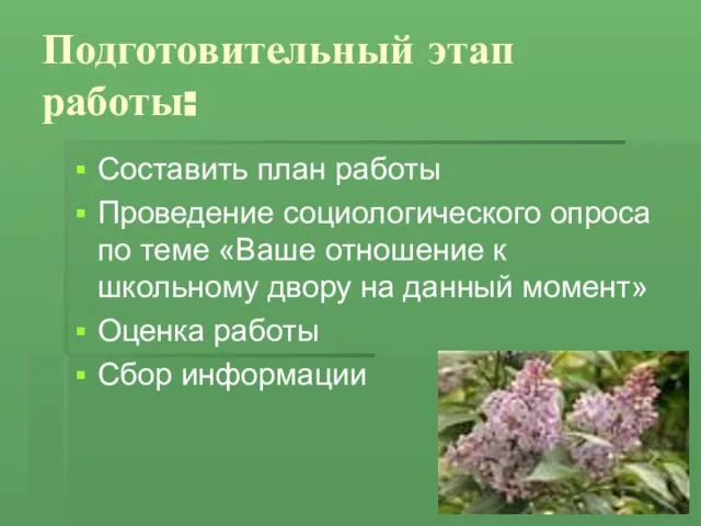 Подготовительный этап работы: Составить план работы Проведение социологического опроса по теме