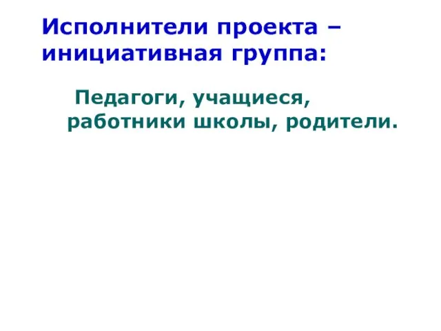 Исполнители проекта – инициативная группа: Педагоги, учащиеся, работники школы, родители.