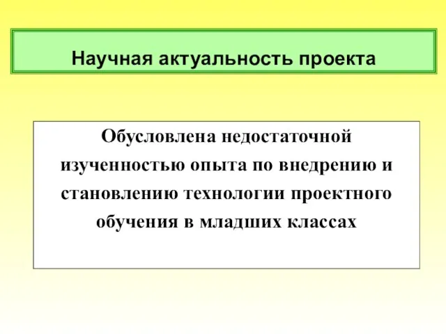 Научная актуальность проекта Обусловлена недостаточной изученностью опыта по внедрению и становлению