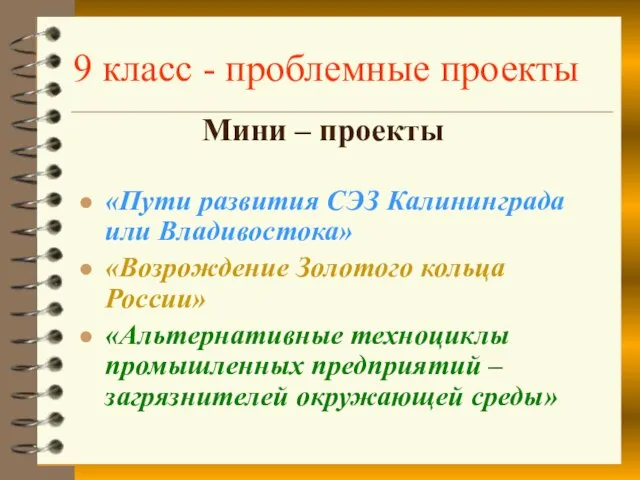 9 класс - проблемные проекты Мини – проекты «Пути развития СЭЗ