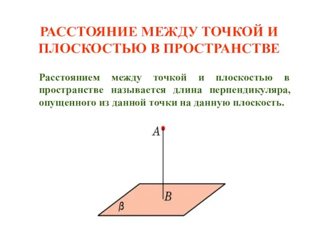 РАССТОЯНИЕ МЕЖДУ ТОЧКОЙ И ПЛОСКОСТЬЮ В ПРОСТРАНСТВЕ Расстоянием между точкой и