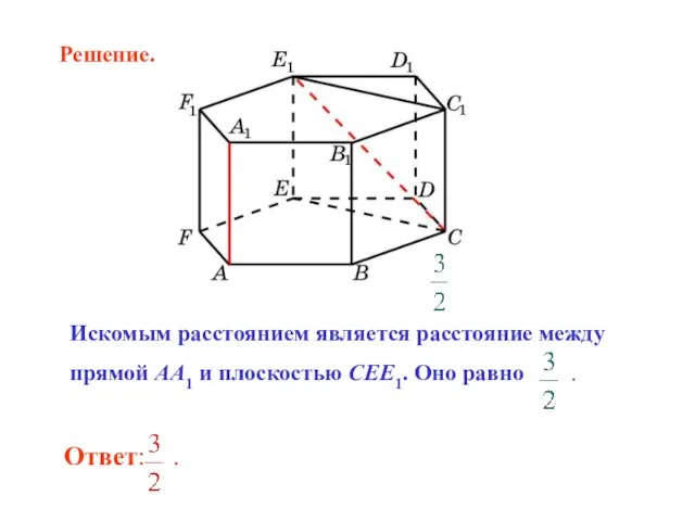 Искомым расстоянием является расстояние между прямой AA1 и плоскостью CEE1. Оно равно . Решение.