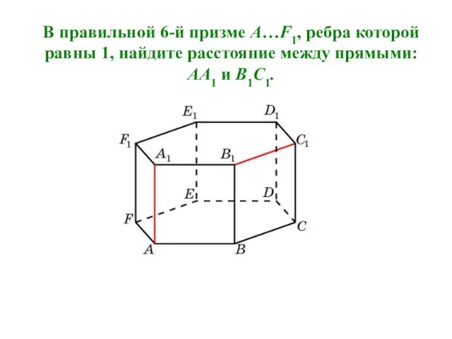В правильной 6-й призме A…F1, ребра которой равны 1, найдите расстояние между прямыми: AA1 и B1C1.