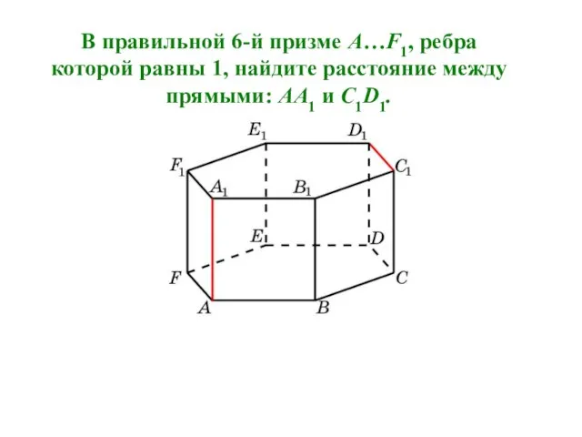 В правильной 6-й призме A…F1, ребра которой равны 1, найдите расстояние между прямыми: AA1 и C1D1.
