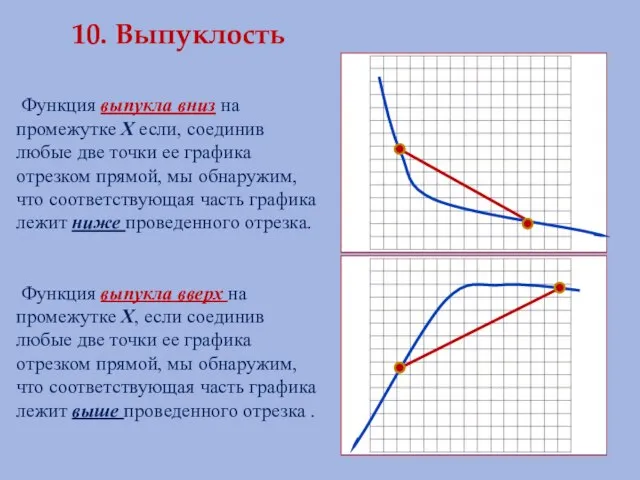 10. Выпуклость Функция выпукла вниз на промежутке Х если, соединив любые