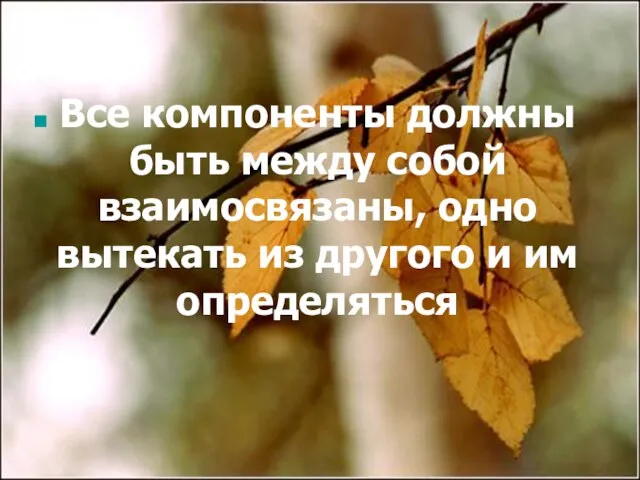 Все компоненты должны быть между собой взаимосвязаны, одно вытекать из другого и им определяться