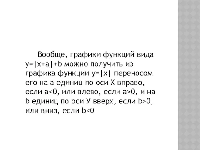 Вообще, графики функций вида у=|x+a|+b можно получить из графика функции у=|х|